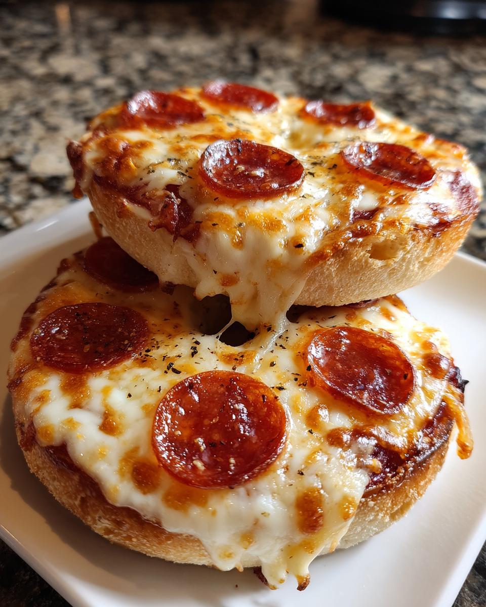 Two stacked pepperoni pizza bagels with extremely melted, gooey cheese dripping between them.