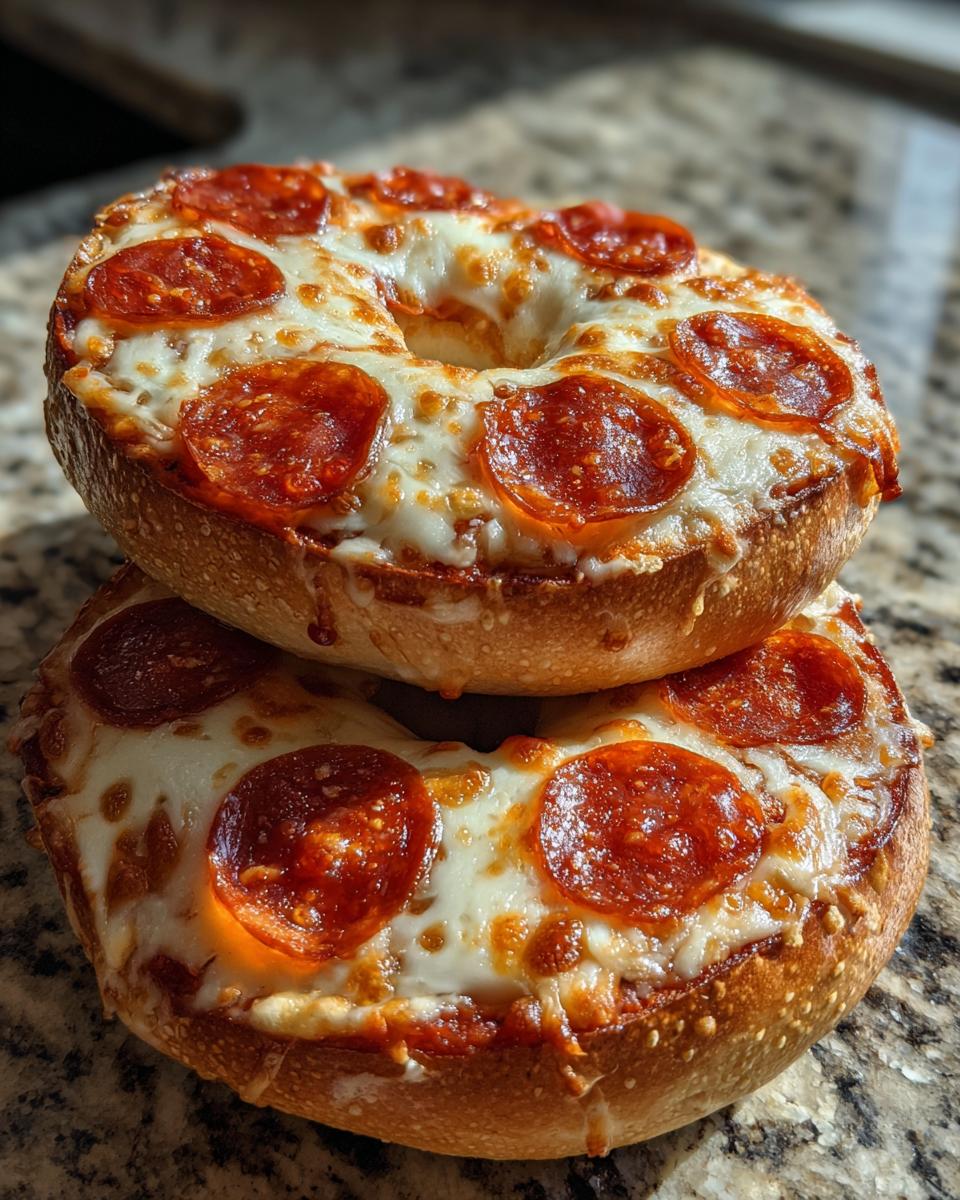 Close-up of two delicious pepperoni pizza bagels stacked, featuring melted cheese and crispy pepperoni.