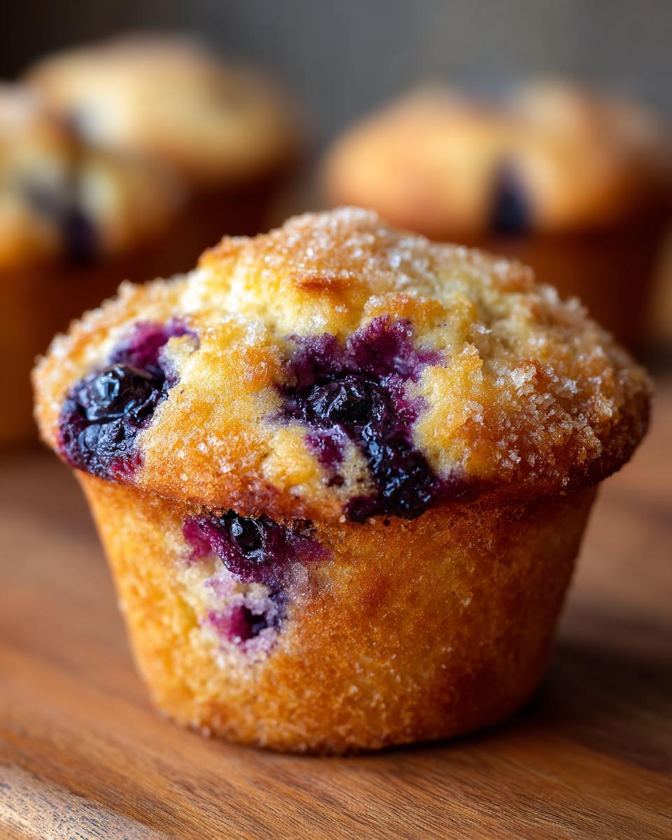 Close-up of a golden brown blueberry muffin topped with coarse sugar, showing burst blueberries.