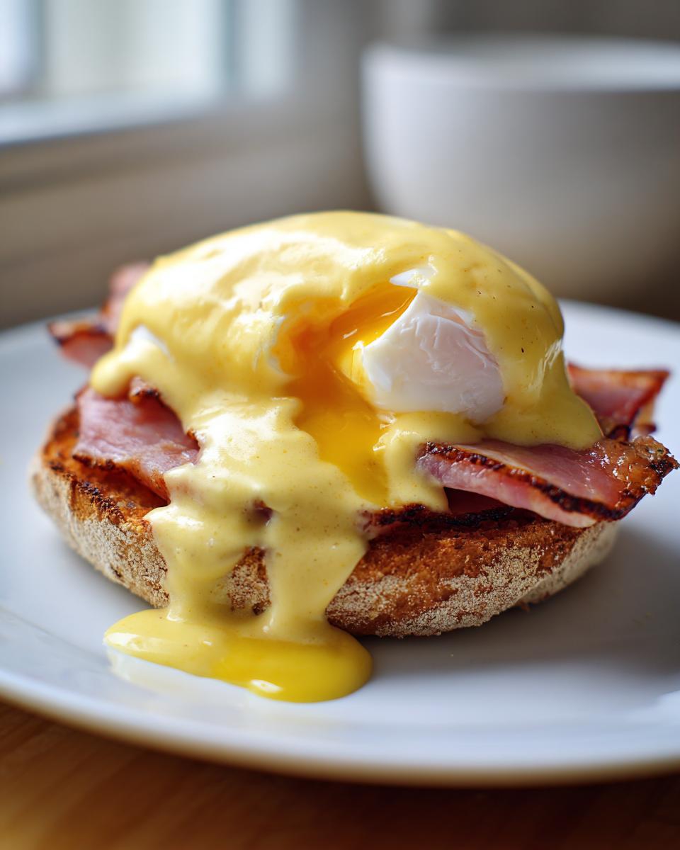 Close-up of a perfectly cooked Eggs Benedict featuring a poached egg with runny yolk, ham, and rich hollandaise sauce.