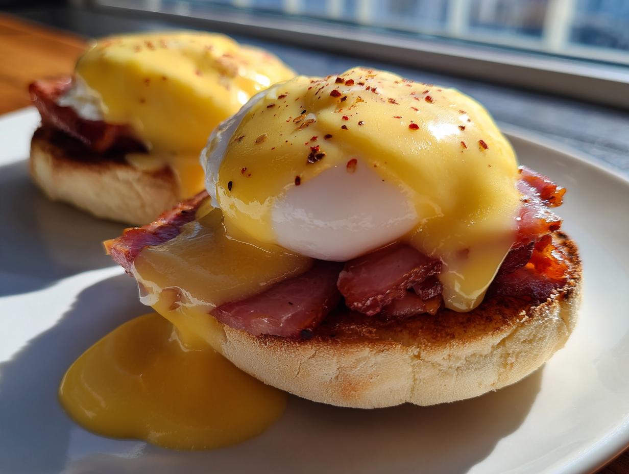 Close-up of two servings of Eggs Benedict on a white plate, topped with creamy hollandaise and paprika.