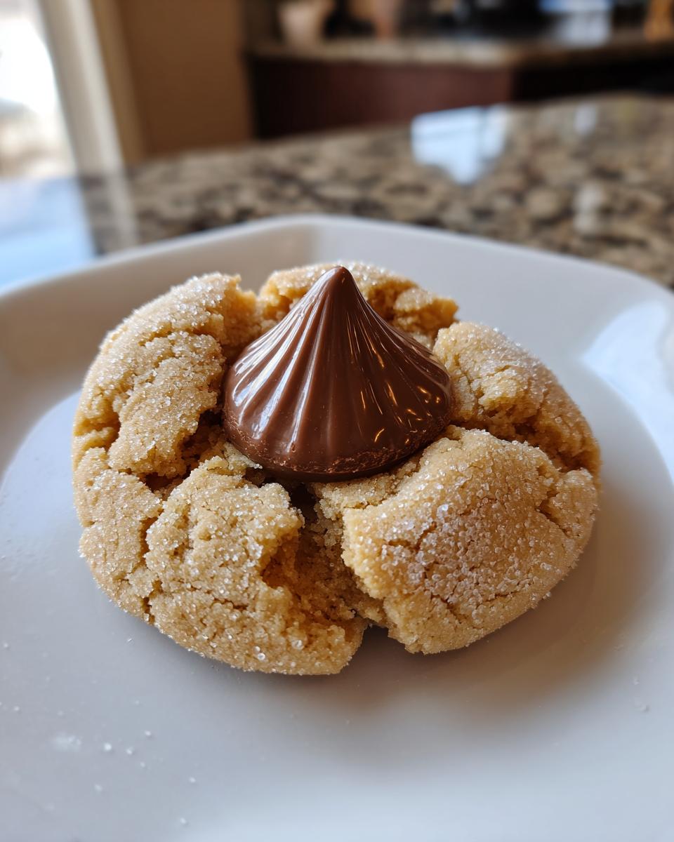 Close-up of a single, sugar-coated peanut butter kiss cookies with a milk chocolate Hershey's Kiss pressed into the center.