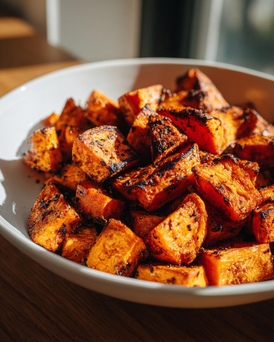 Close-up of perfectly caramelized and slightly charred roasted sweet potatoes cubes in a white serving bowl.