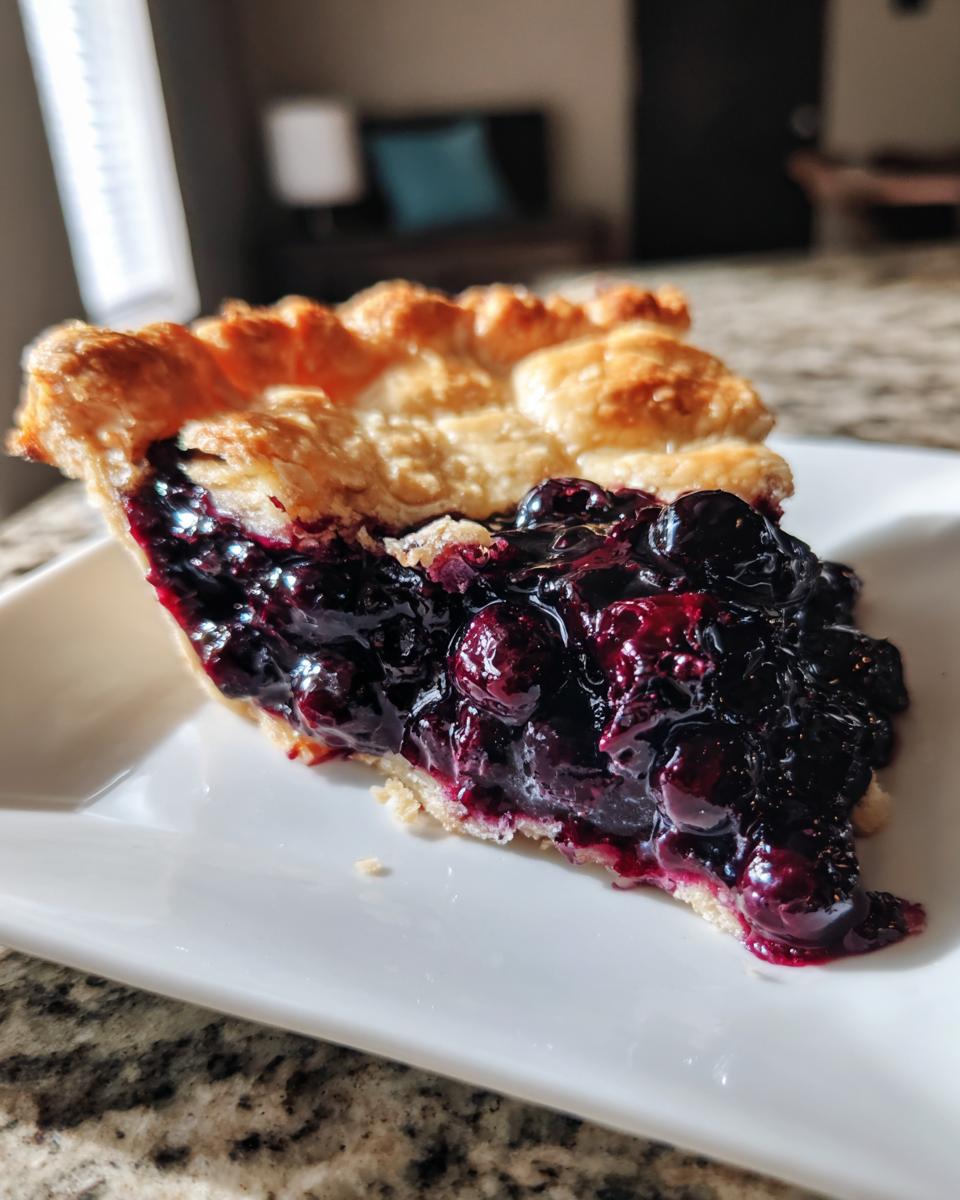 Close-up of a thick slice of amazing blueberry pie recipe with rich, dark purple filling and flaky crust.