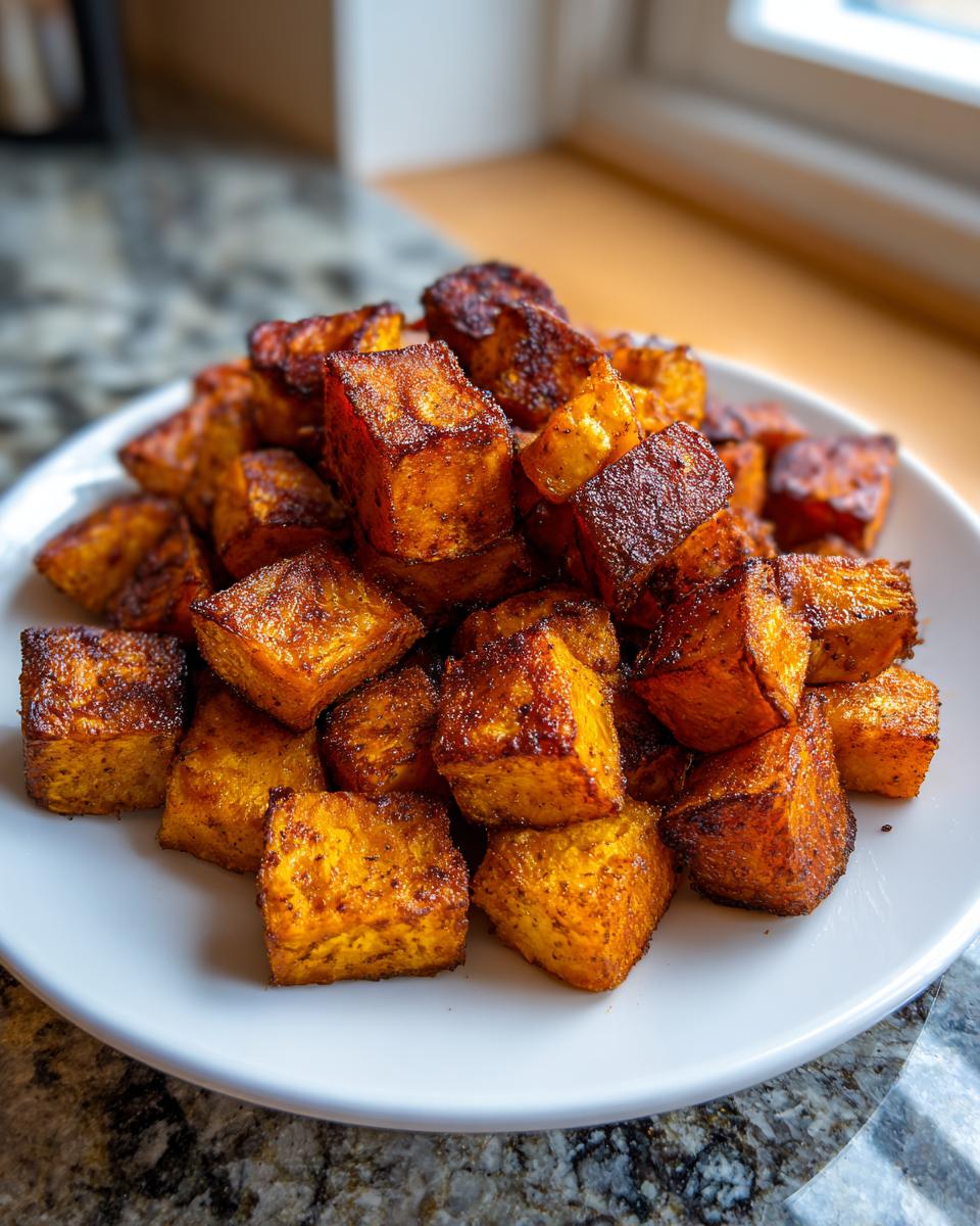 A close-up of perfectly seasoned and caramelized roasted sweet potato cubes piled high on a white plate.