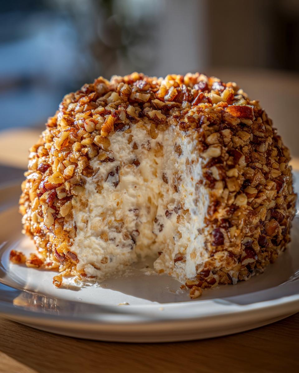 A serving of the amazing pineapple cheese ball, coated in chopped pecans, with a piece removed to show the creamy interior.