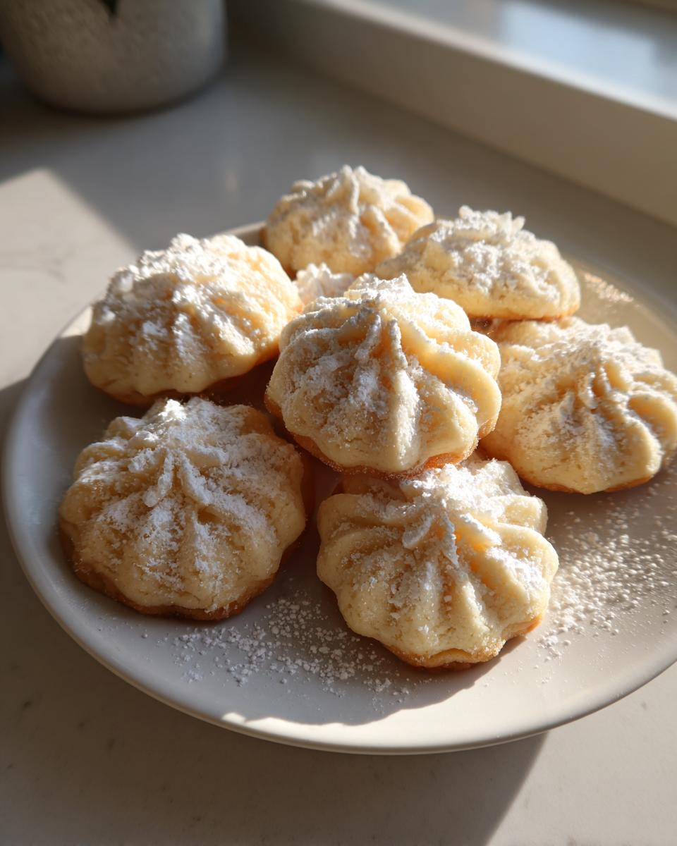 A plate of freshly baked, piped butter cookie treats dusted generously with powdered sugar.