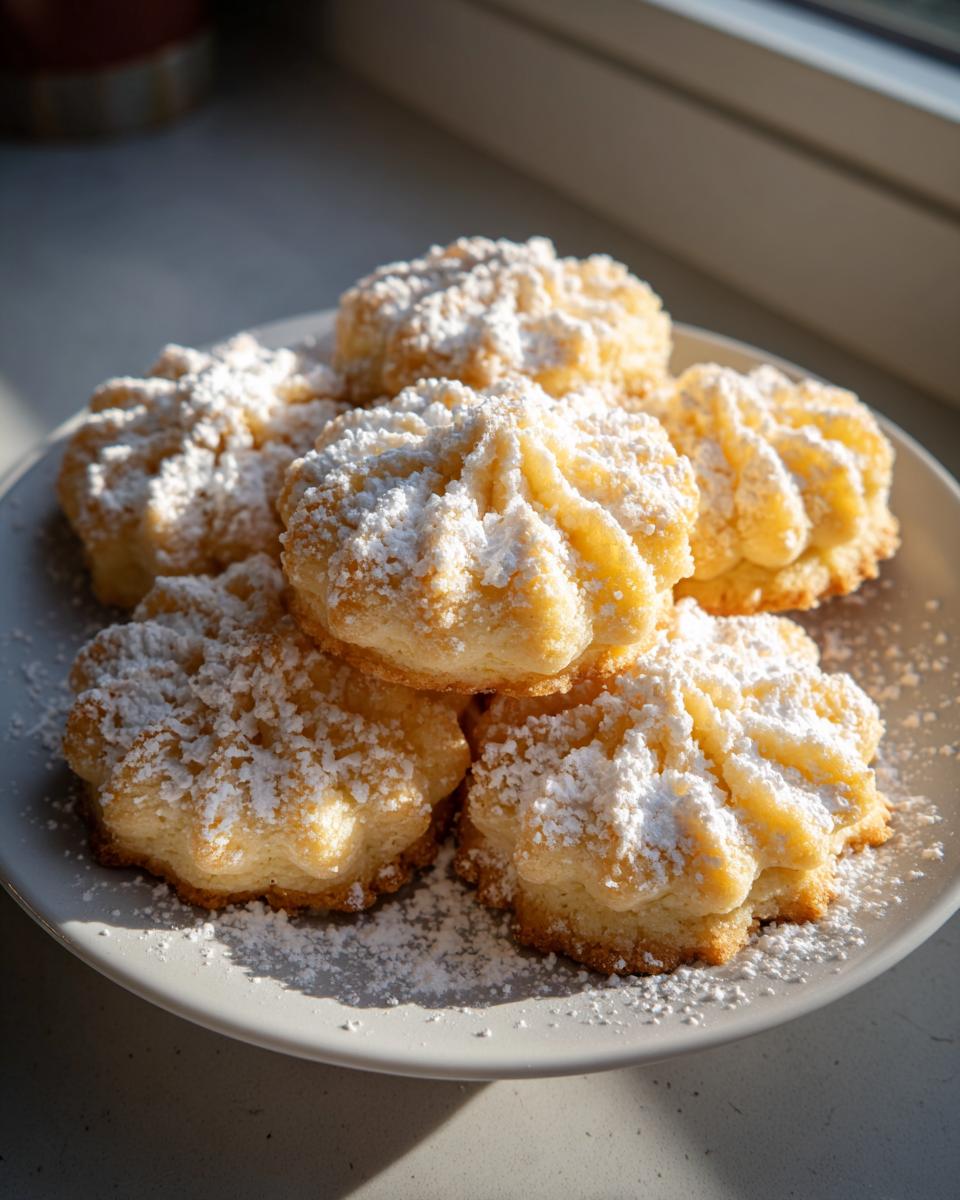 A stack of freshly baked, piped butter cookie treats heavily dusted with powdered sugar on a light gray plate.