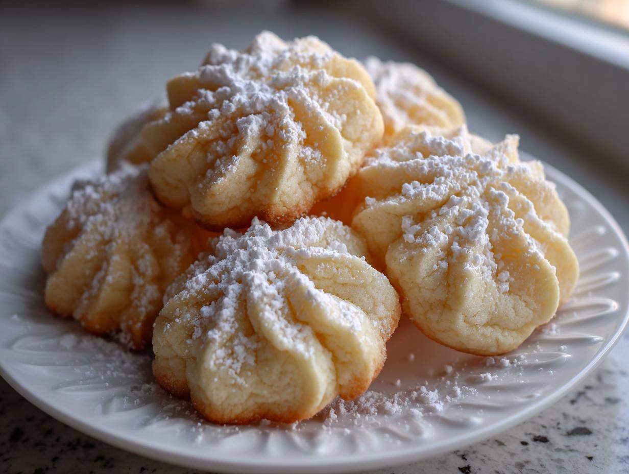 A stack of freshly baked, piped butter cookie treats generously dusted with powdered sugar on a white plate.