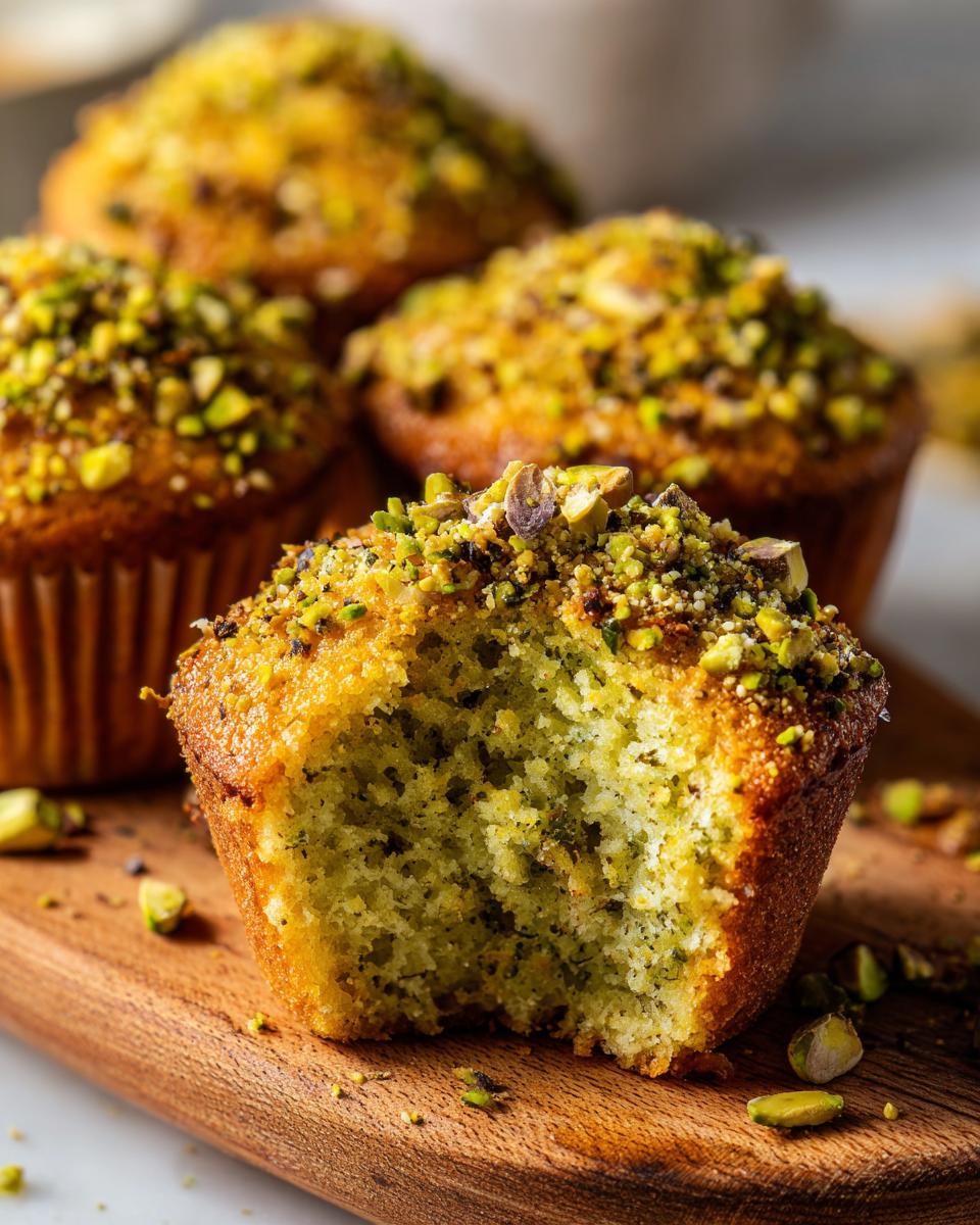 A close-up of a delicious pistachio muffin with a bite taken out, revealing the green crumb and topped with chopped pistachios.
