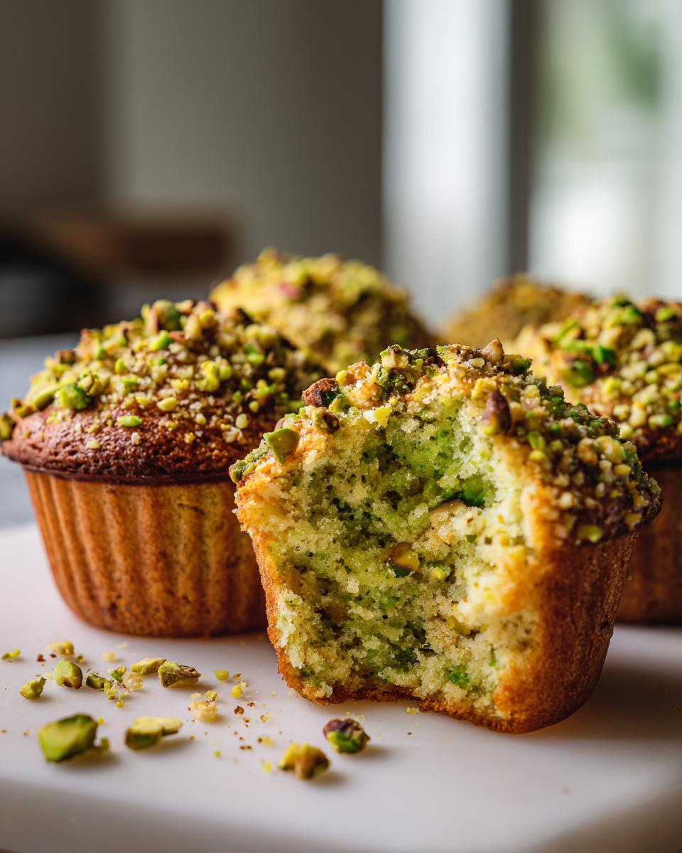 A close-up of several delicious pistachio muffins, one broken open showing the green interior and crunchy pistachio topping.
