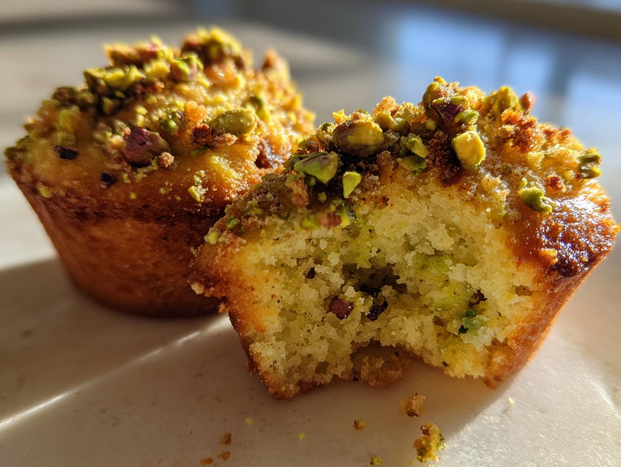 Close-up of a golden-brown pistachio muffin, broken open to show the moist interior and topped with chopped pistachios.
