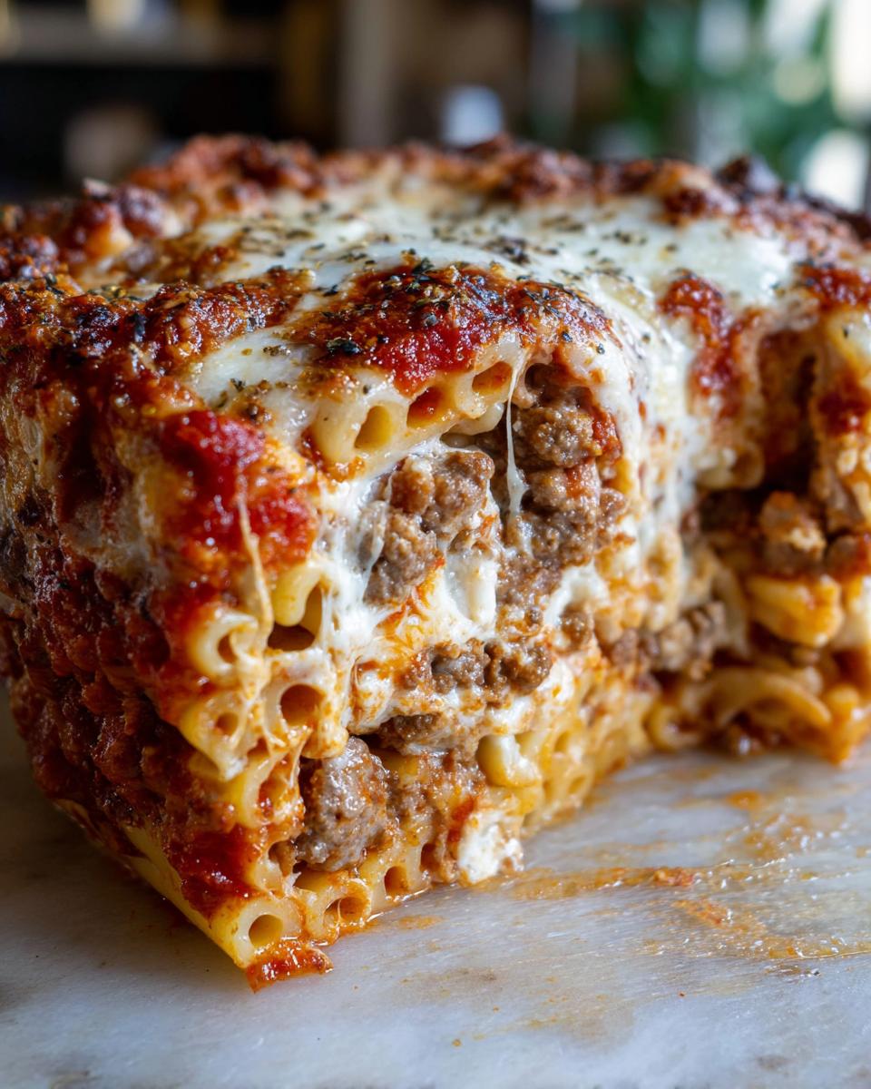 Close-up of a thick slice of pizza casserole showing layers of pasta, seasoned ground meat, and melted mozzarella cheese.