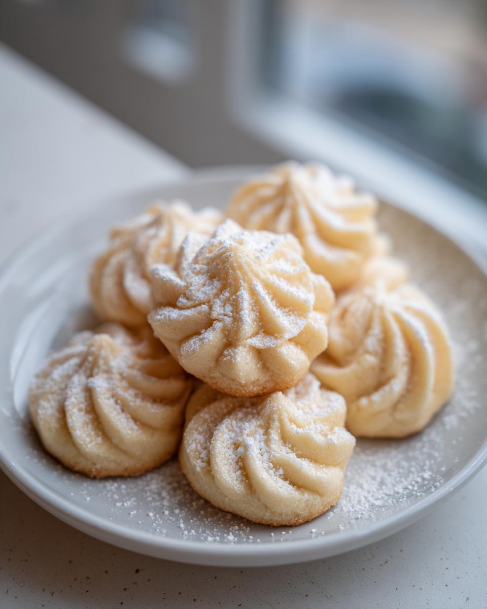 A pile of piped, golden butter cookie spritz dusted lightly with powdered sugar on a pale plate.