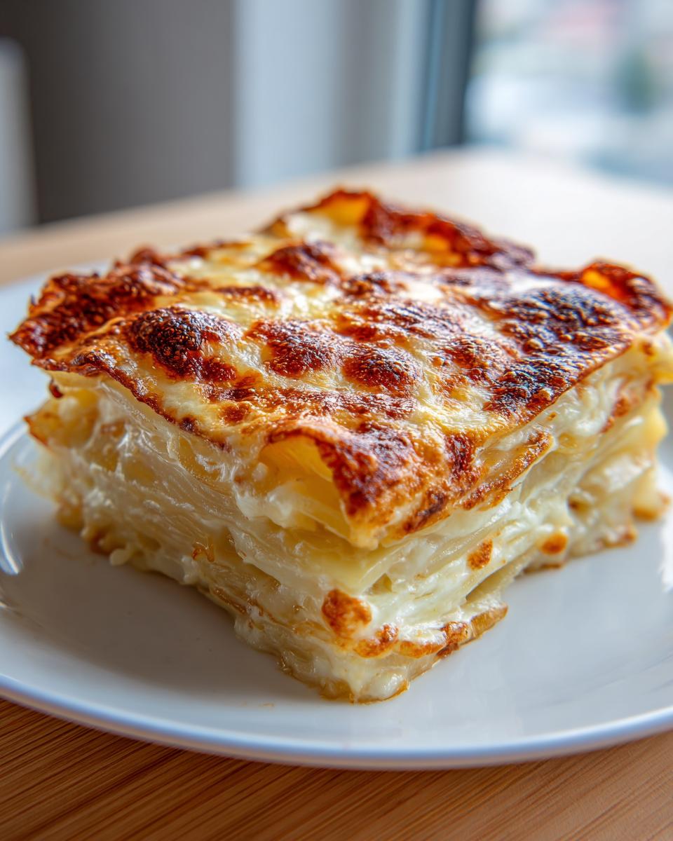 A thick, square slice of creamy potatoes au gratin with a richly browned, bubbly cheese topping.