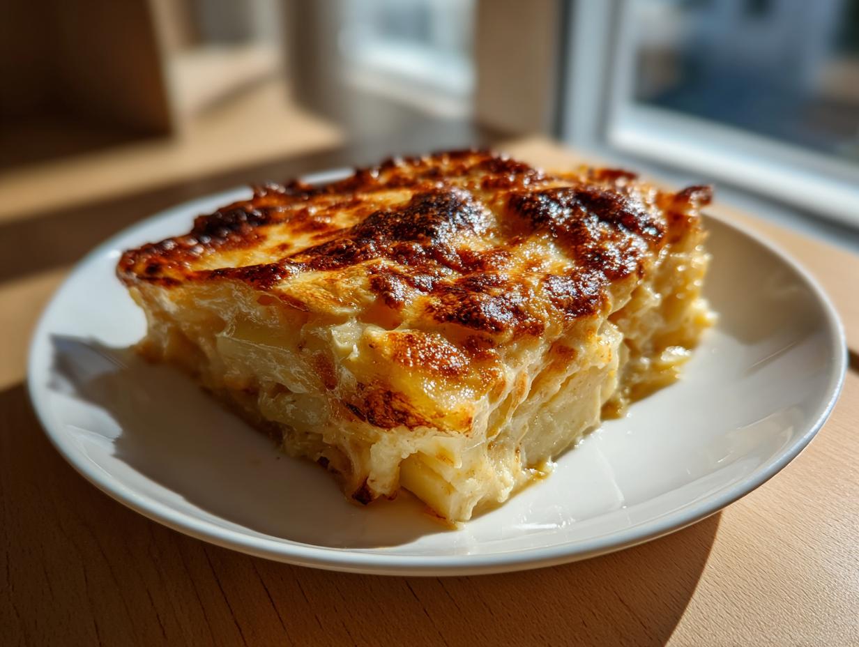 A square slice of creamy potatoes au gratin with a deeply browned, cheesy crust, served on a white plate.