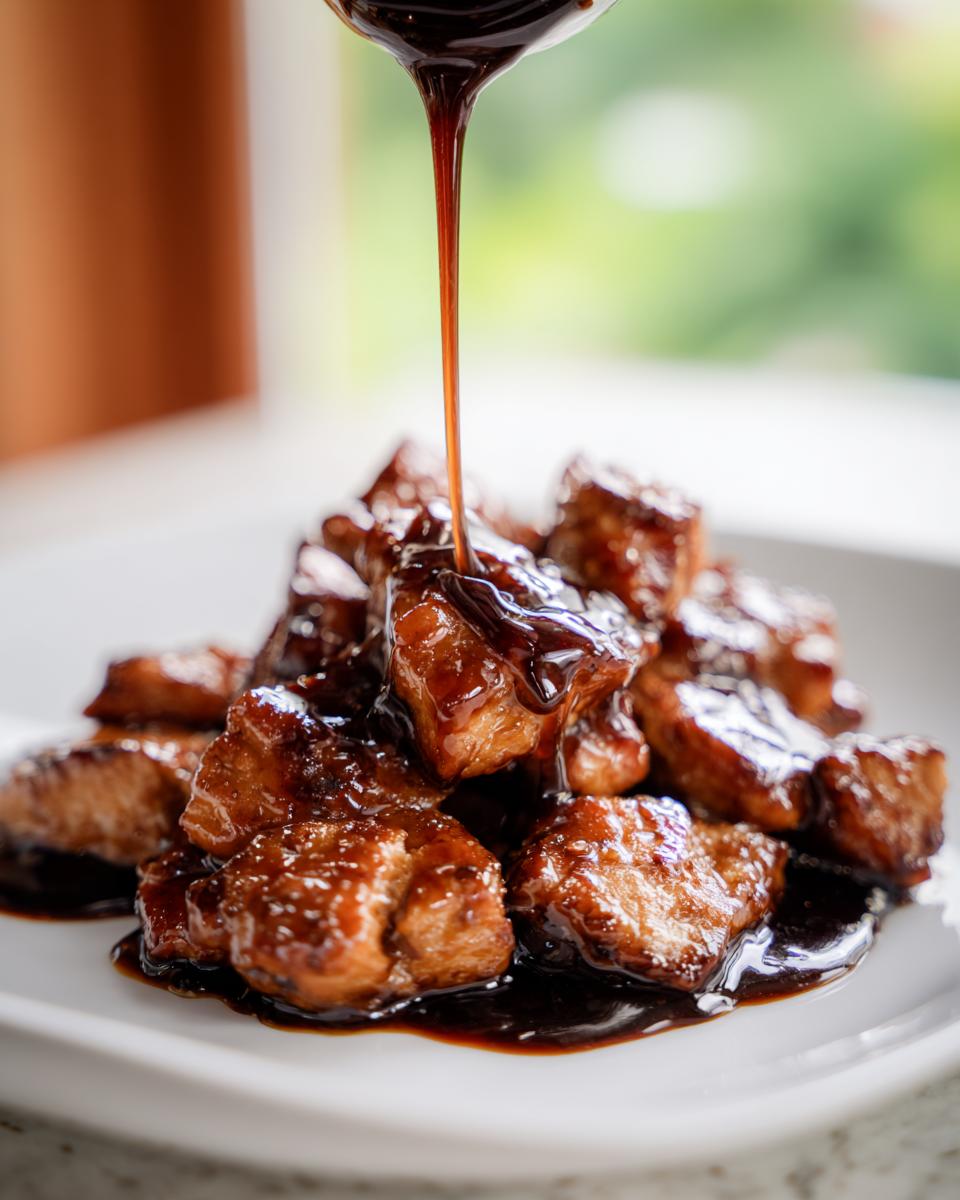 A spoonful of thick, glossy homemade teriyaki sauce being poured over bite-sized pieces of glazed chicken on a white plate.