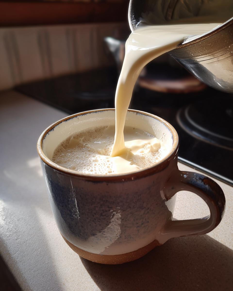 Close-up of creamy liquid being poured from a metal pot into a speckled mug to make white hot chocolate.