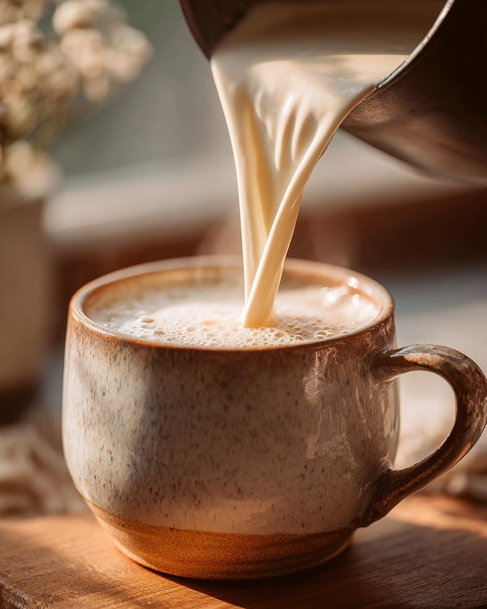 Close-up of creamy liquid being poured from a small pot into a speckled ceramic mug to make white hot chocolate.