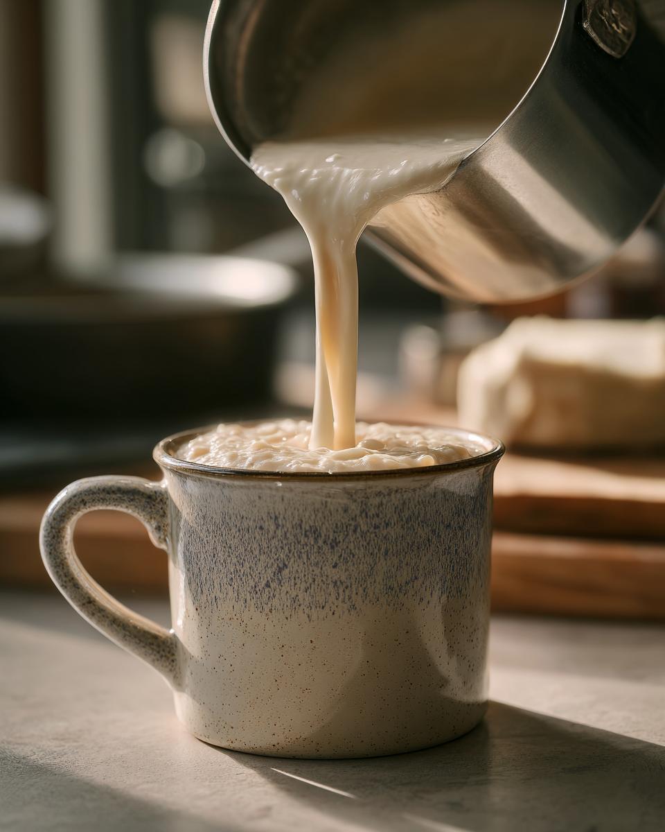 Close-up of creamy white hot chocolate being poured from a saucepan into a speckled ceramic mug.