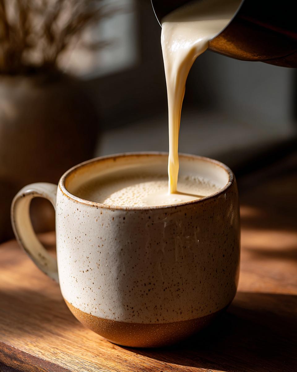 Close-up of creamy white hot chocolate being poured from a metal pitcher into a speckled ceramic mug.