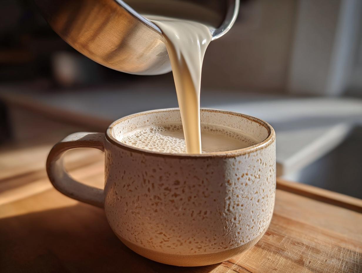 Close-up of creamy white hot chocolate being poured from a small saucepan into a speckled ceramic mug.