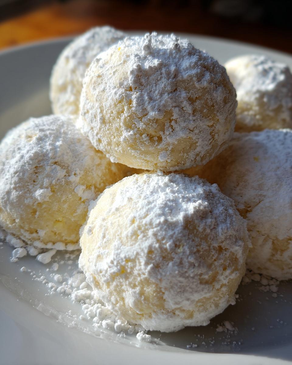 Close-up of several buttery, round lemon cookies heavily dusted with powdered sugar on a white plate.