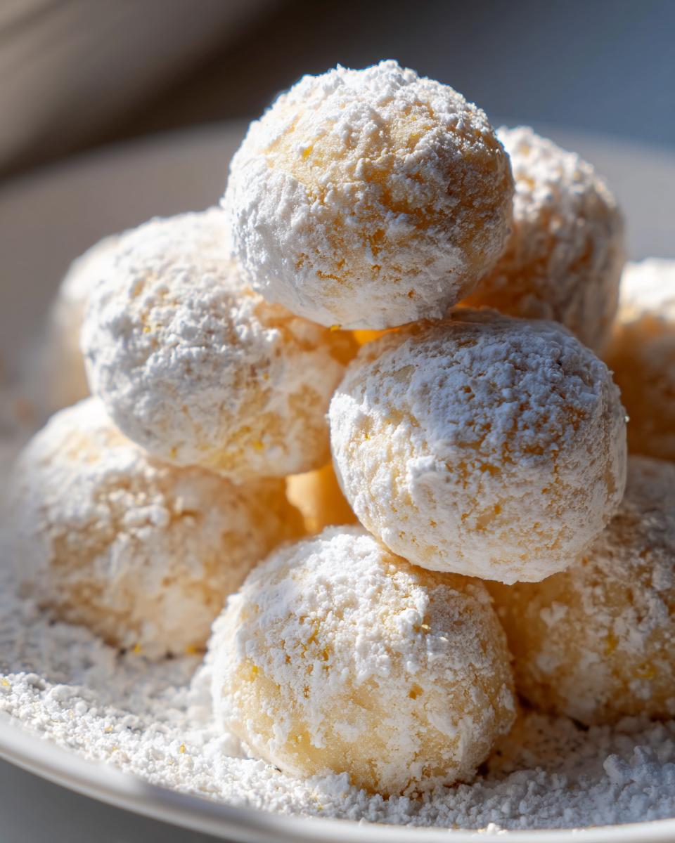 Close-up of several powdered sugar-dusted lemon cookies stacked on a white plate.