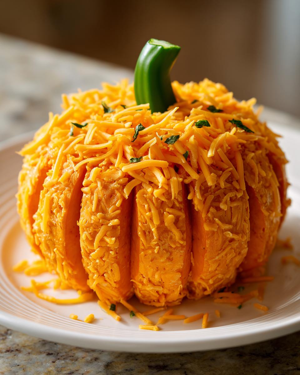 A festive pumpkin cheese ball shaped and covered in shredded cheddar cheese with a green pepper stem.