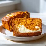 Close-up of a slice of moist pumpkin cream cheese bread showing the bright orange cake and thick cream cheese swirl.