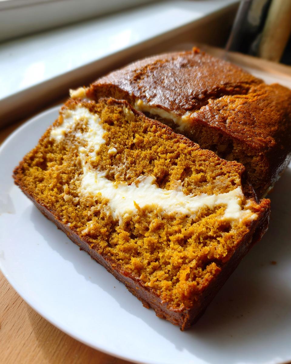 A thick slice of moist pumpkin cream cheese bread showing a rich orange crumb and a creamy white cream cheese swirl.