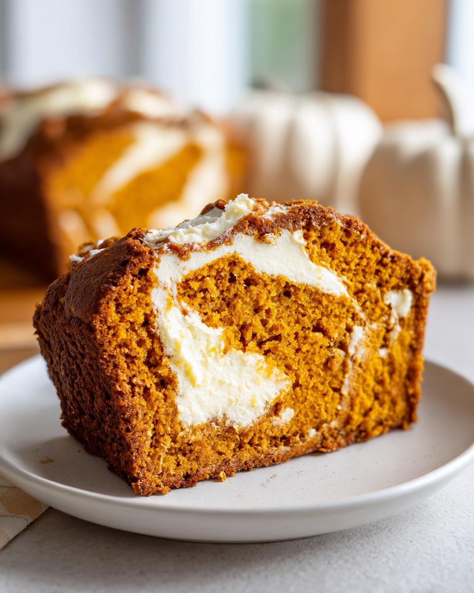 A thick slice of moist pumpkin cream cheese bread showing a rich orange crumb and a creamy white cream cheese swirl.