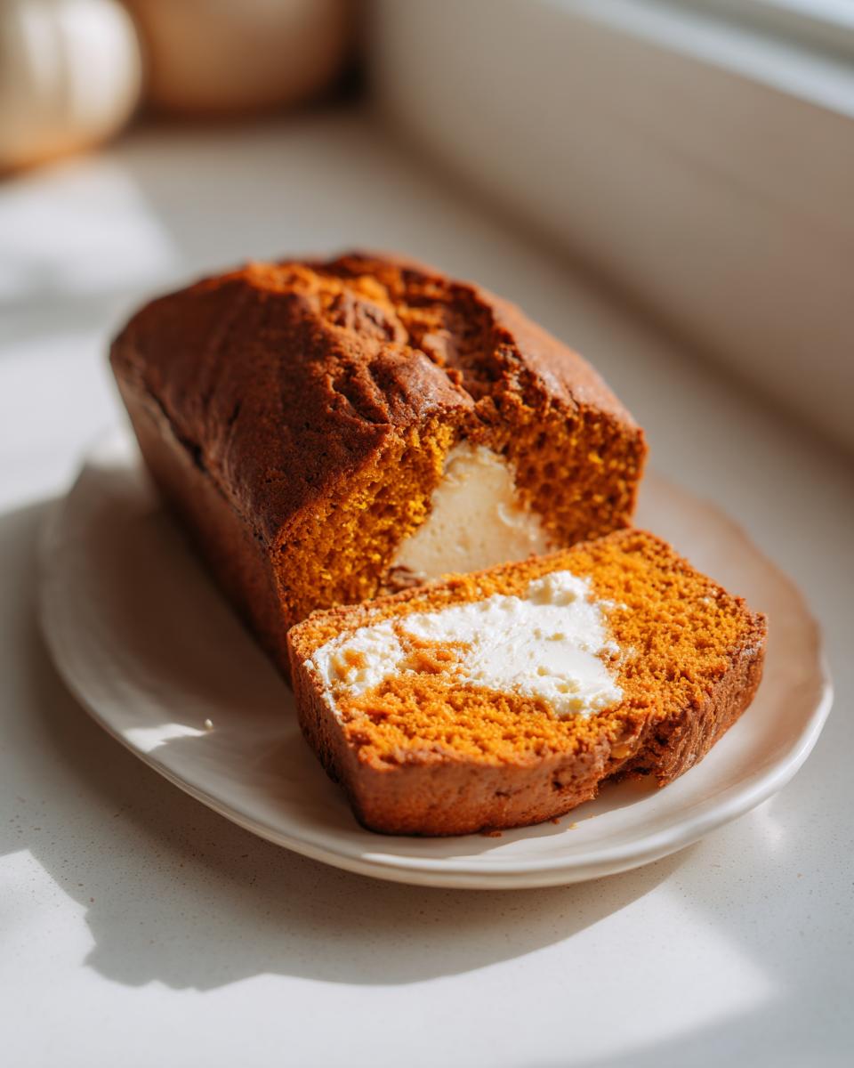 A loaf of bright orange pumpkin cream cheese bread, partially sliced to reveal the white cream cheese swirl filling.