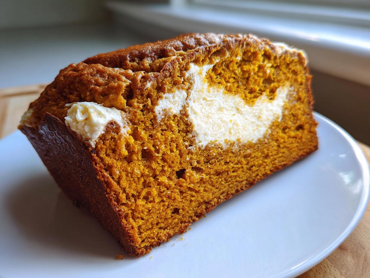 A thick slice of moist pumpkin cream cheese bread showing a rich orange crumb and a visible white cream cheese swirl.