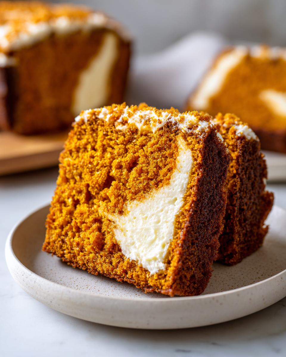 Two thick slices of moist pumpkin cream cheese bread showing a rich orange crumb and a creamy white center swirl.