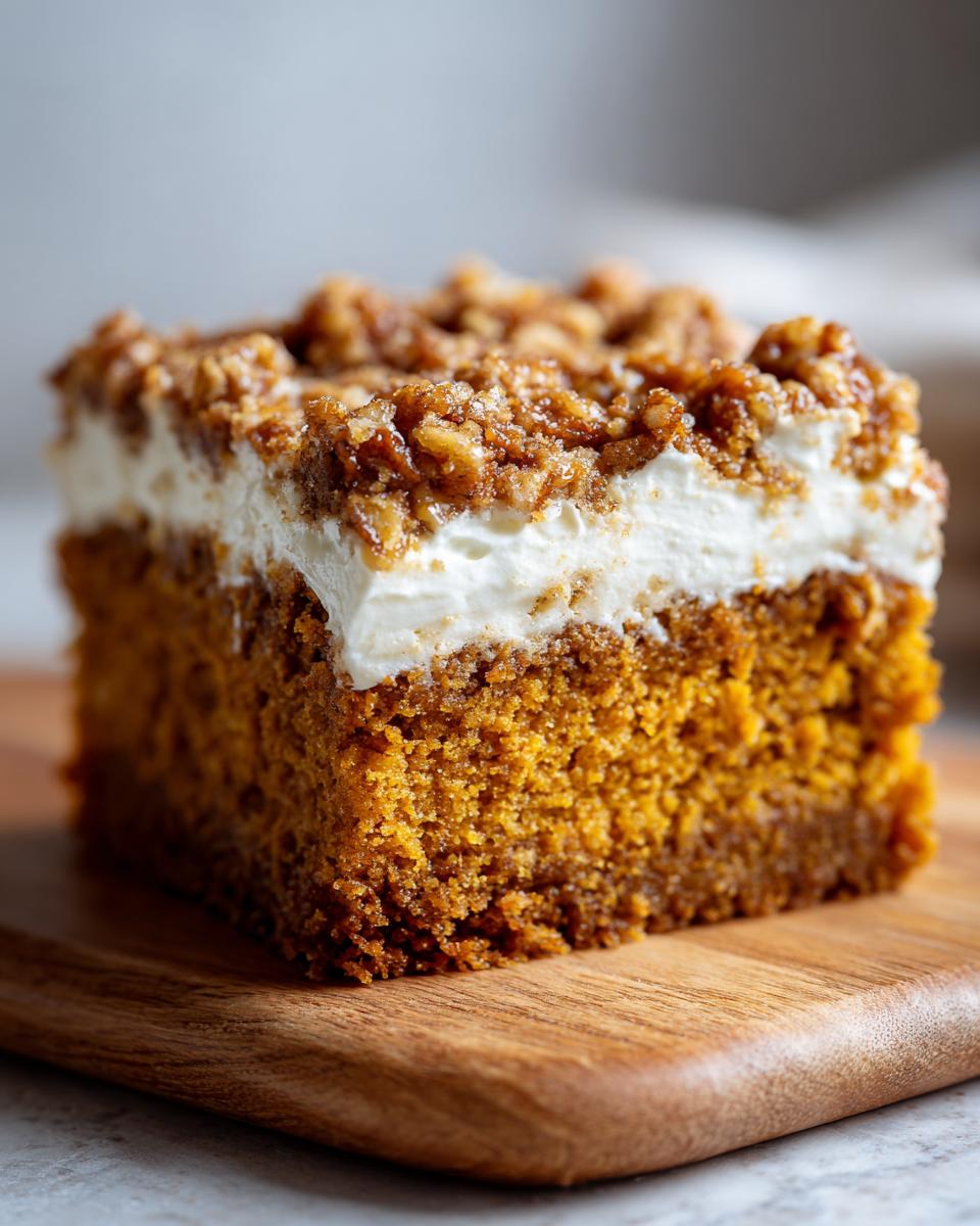 Close-up of a moist slice of pumpkin crunch cake featuring a thick layer of white frosting and a crunchy pecan topping.