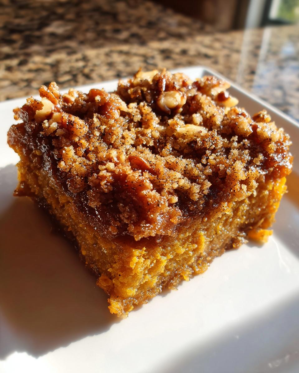 A close-up, sunlit shot of a square slice of rich, moist pumpkin crunch cake with a thick, crunchy pecan topping.