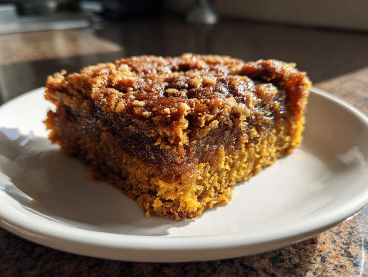 A moist, square slice of pumpkin crunch cake with a dark, gooey topping and crunchy pecans on a white plate.