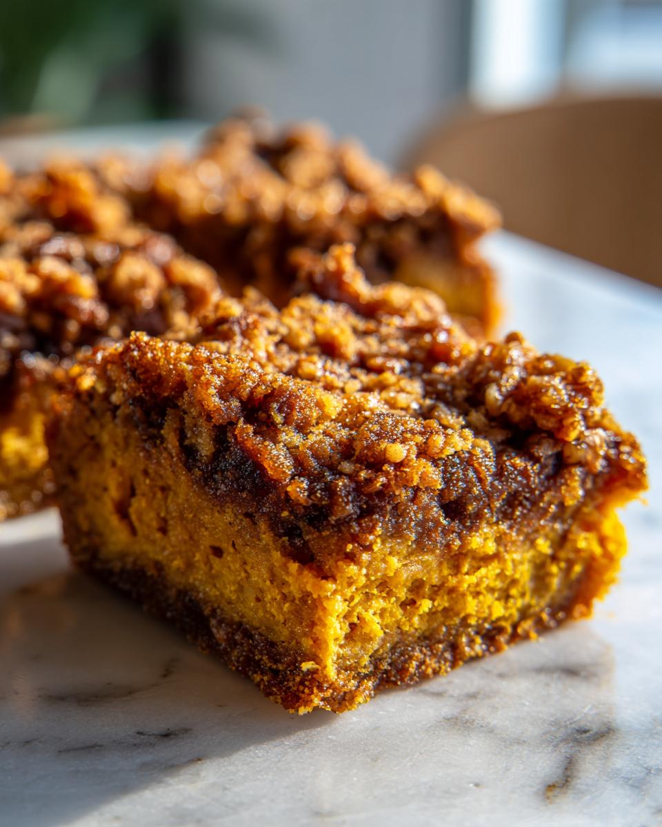 A close-up, sunlit view of a rich slice of pumpkin crunch cake showing the moist orange filling and crunchy brown topping.