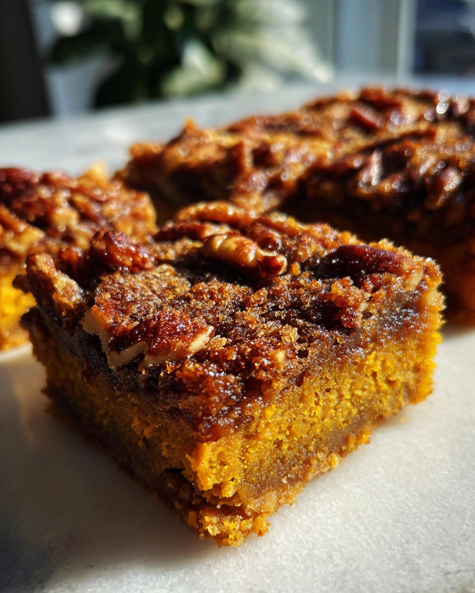 A close-up, sunlit square of pumpkin crunch cake showing the moist orange base and crunchy pecan topping.