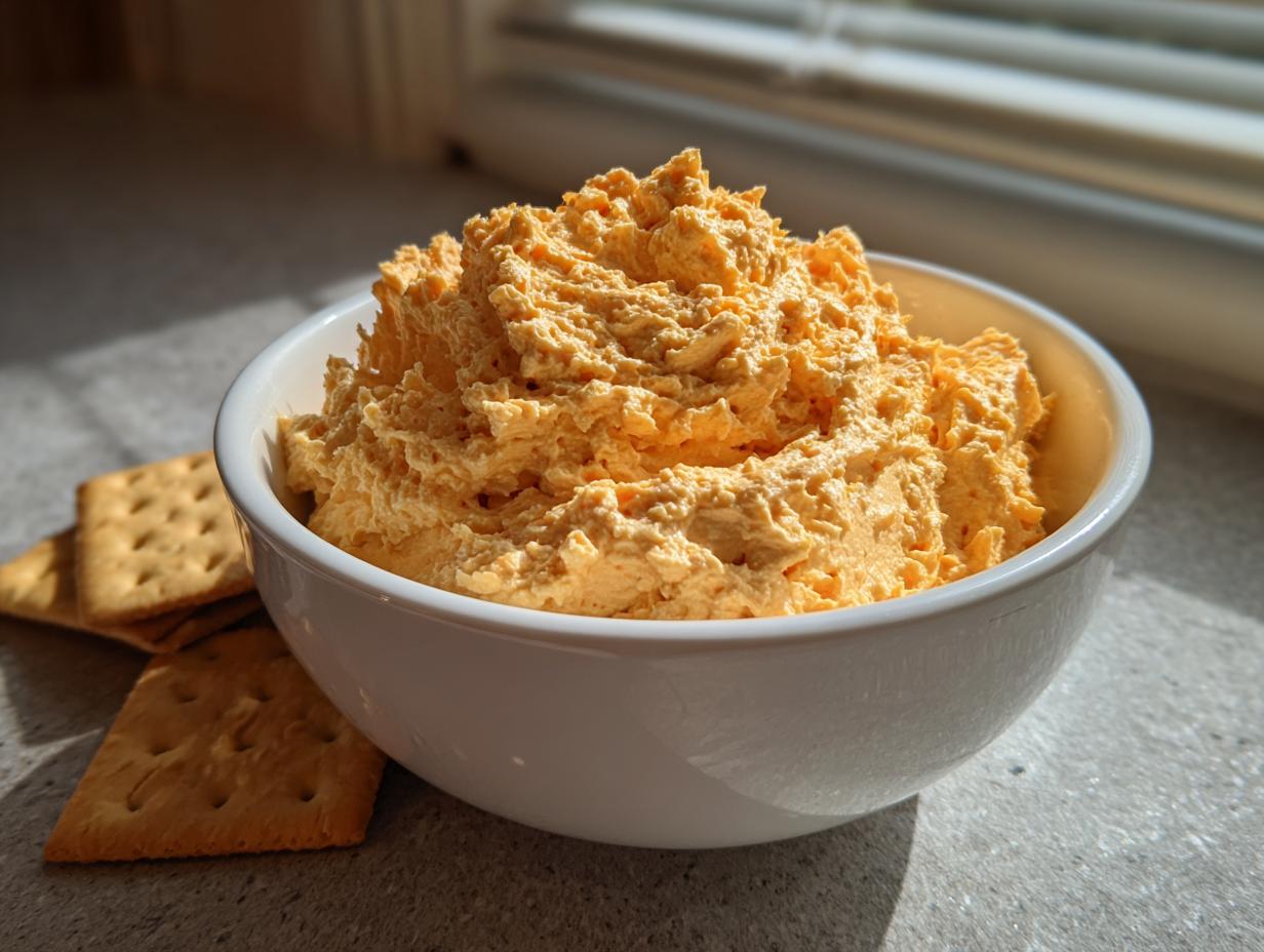 A white bowl filled with vibrant orange pumpkin fluff dip, served next to square crackers in bright sunlight.
