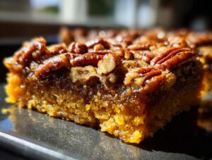 Close-up of a moist slice of pumpkin pecan cobbler showing the gooey filling and crunchy pecans on top.