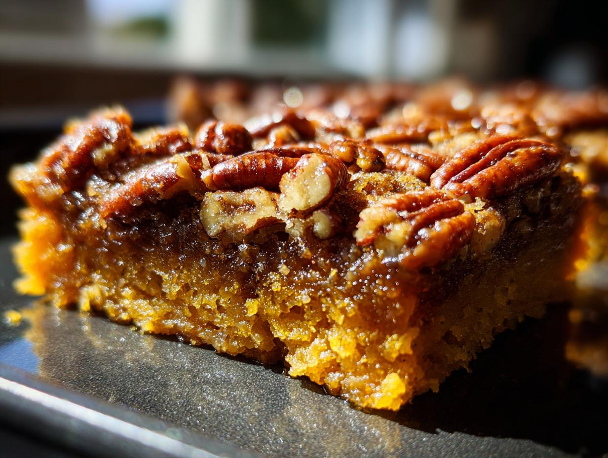 Close-up of a moist slice of pumpkin pecan cobbler showing the gooey filling and crunchy pecans on top.
