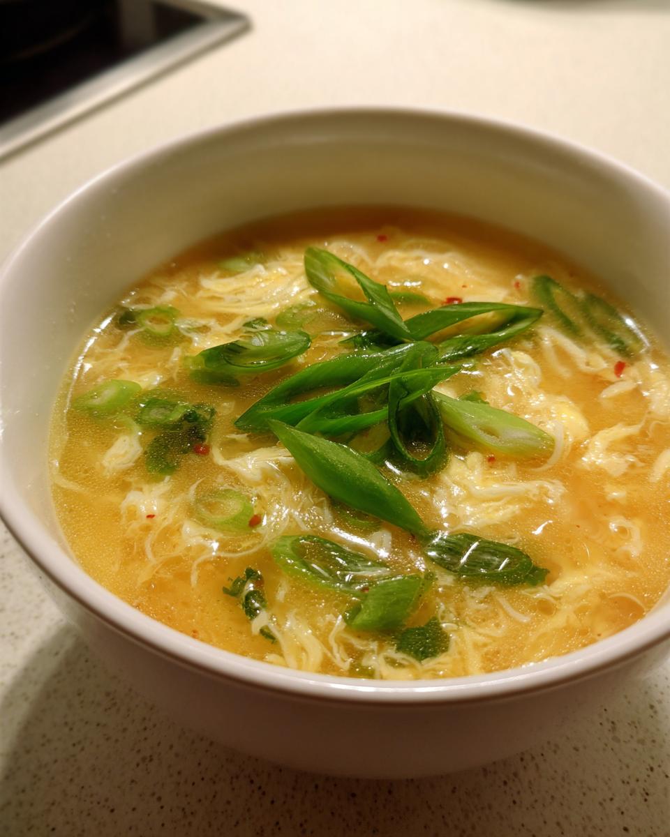 A close-up of a bowl of vibrant yellow egg drop soup garnished with fresh green scallions.