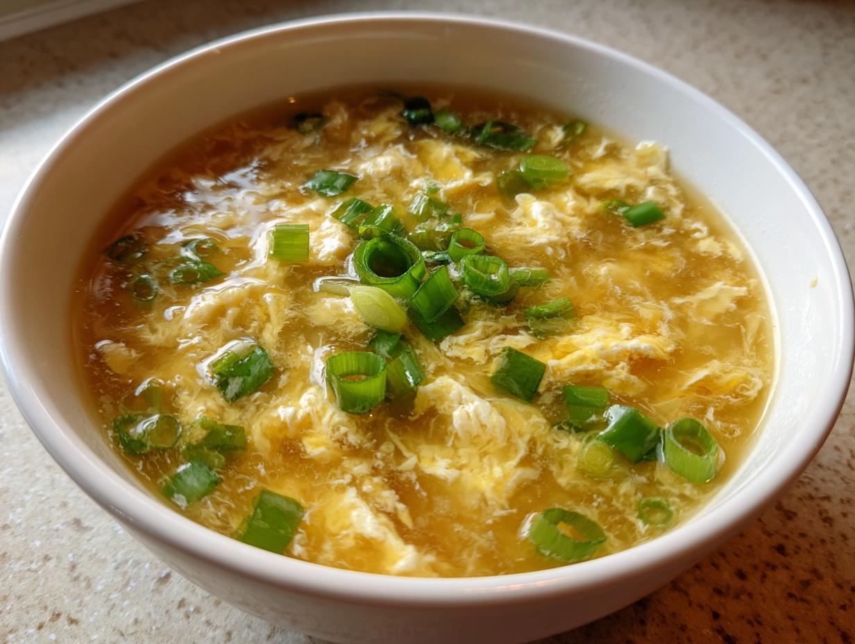 Close-up of a white bowl filled with hot, savory egg drop soup topped with fresh green scallions.