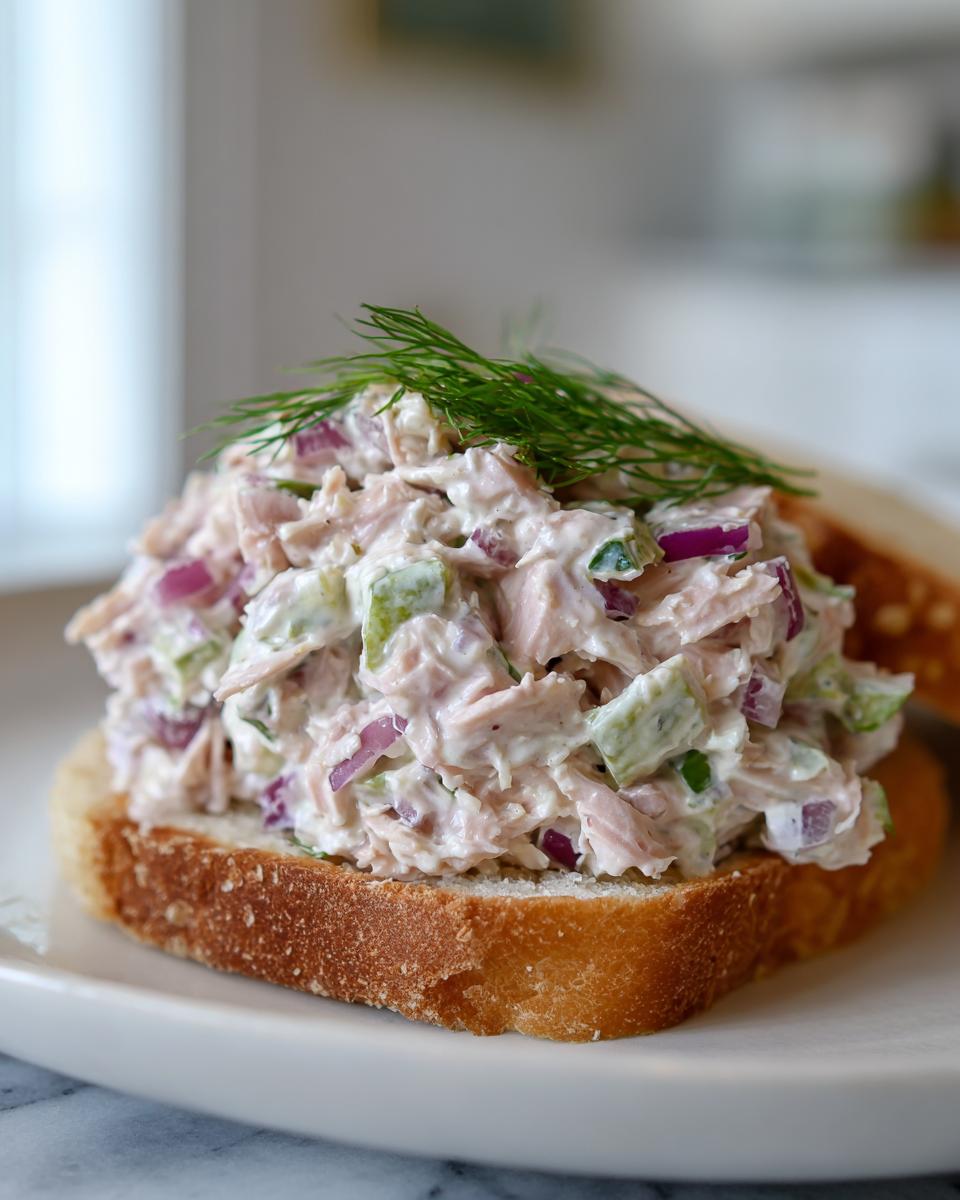 A generous scoop of creamy salmon salad with red onion and celery served open-faced on toasted bread, garnished with dill.