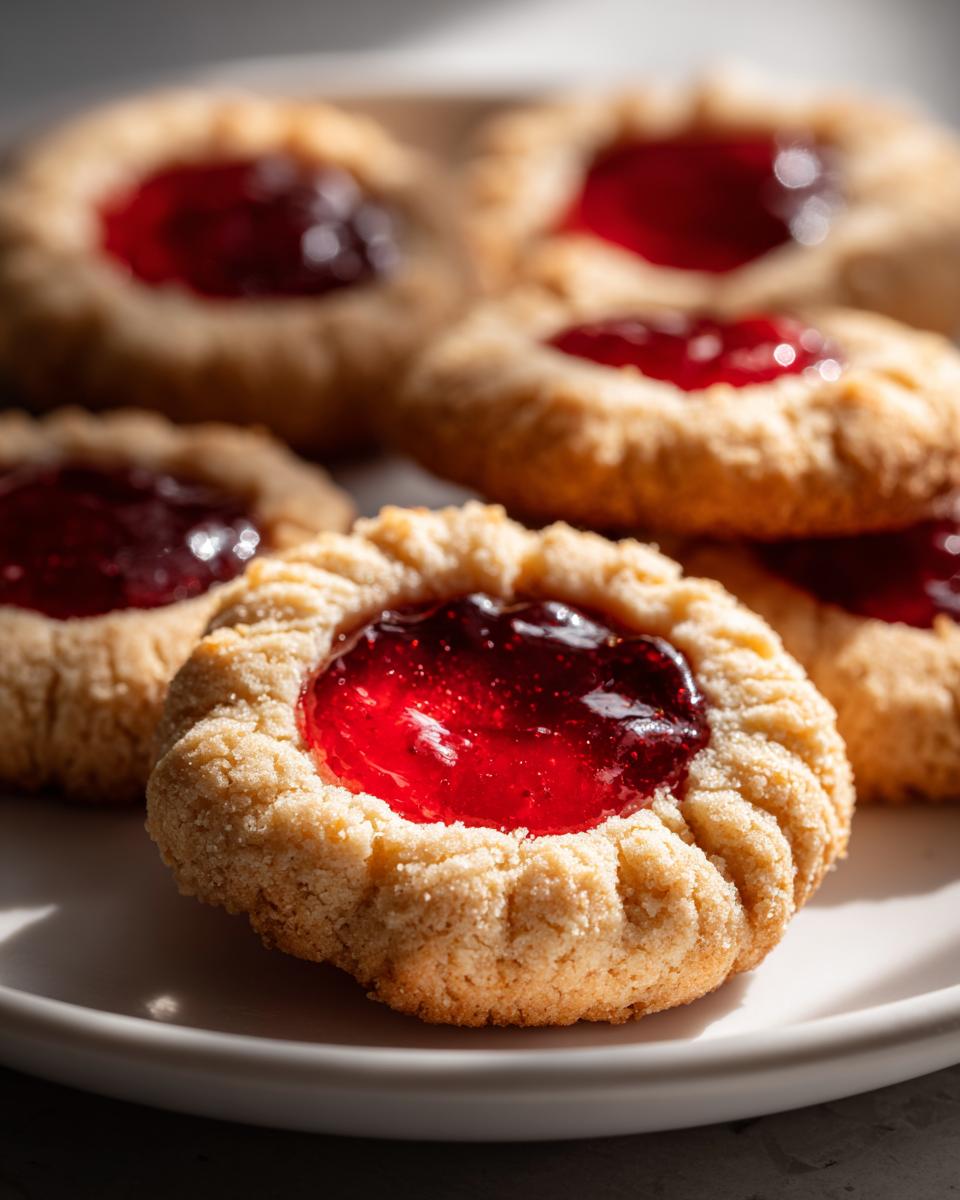 Close-up of freshly baked raspberry thumbprint cookies with bright red jam centers on a white plate.