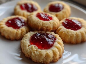A close-up shot of several golden, buttery raspberry thumbprint cookies piled on a white plate.