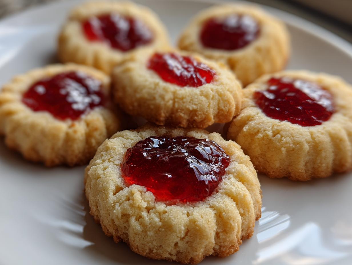 A close-up shot of several golden, buttery raspberry thumbprint cookies piled on a white plate.