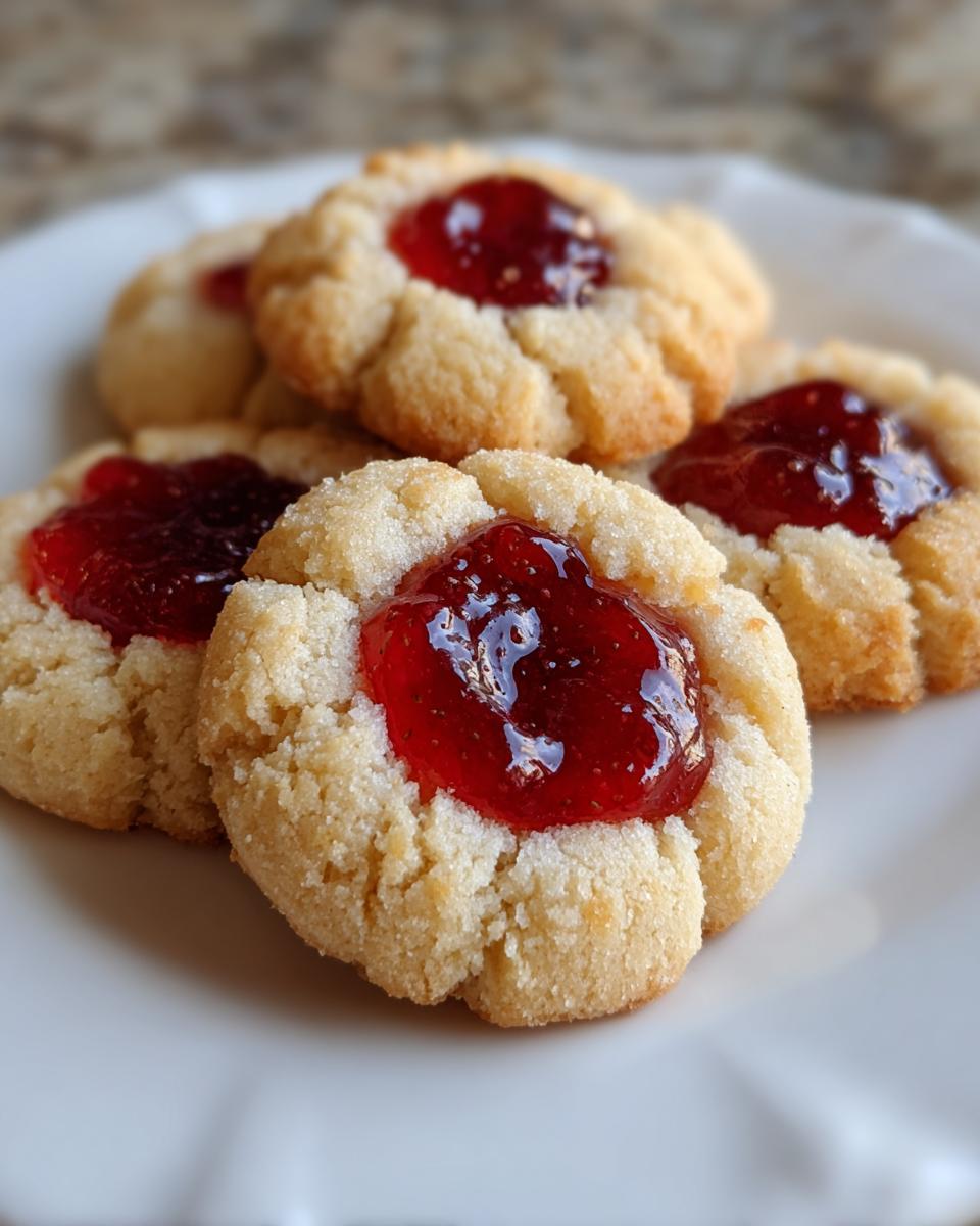A close-up of several buttery raspberry thumbprint cookies with bright red jam centers, resting on a white plate.